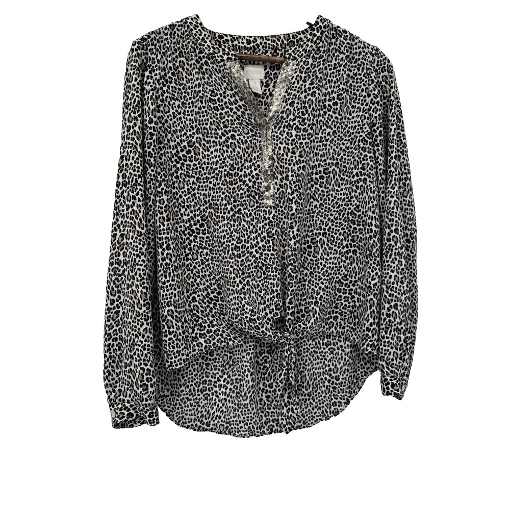 Chico's 1 (M) Animal Print Embellished Neck Tie Waist Blouse‎ mob wife sequin